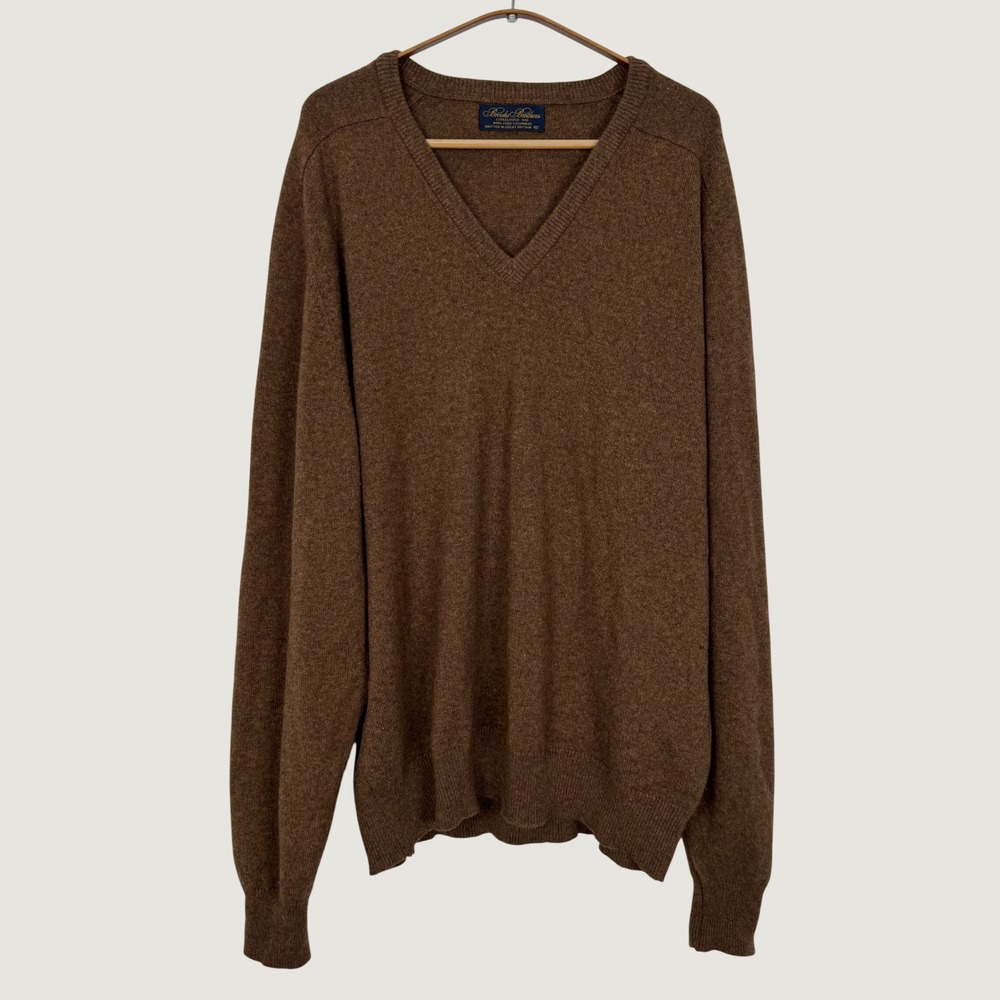 Brooks Brothers Mens 100% Cashmere V-Neck Sweater Brown Great Britain 46 XL